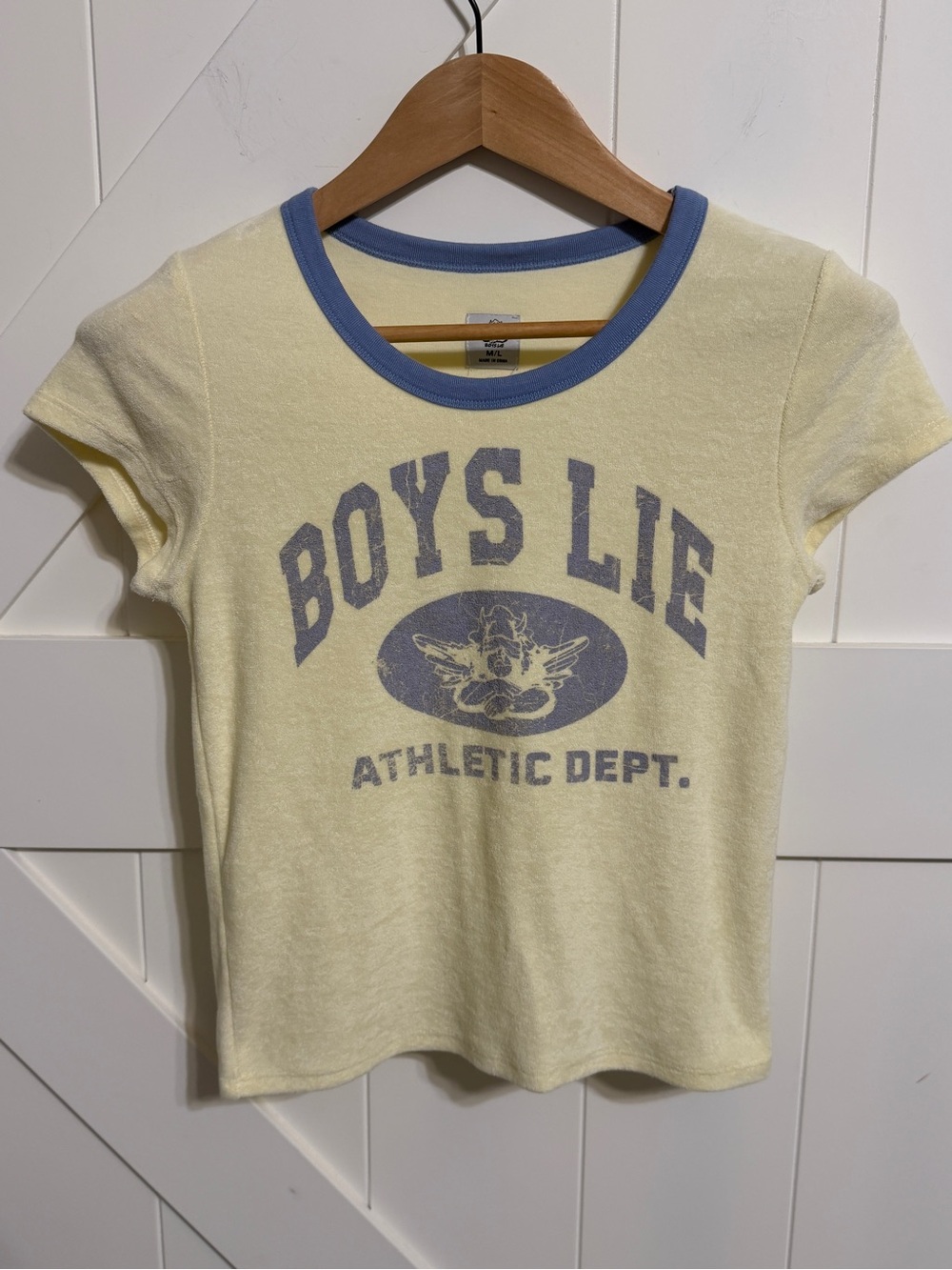 Boys Lie Athletic Dept Baby Tee Women’s M/L Yellow Blue Distressed Ringer shirt